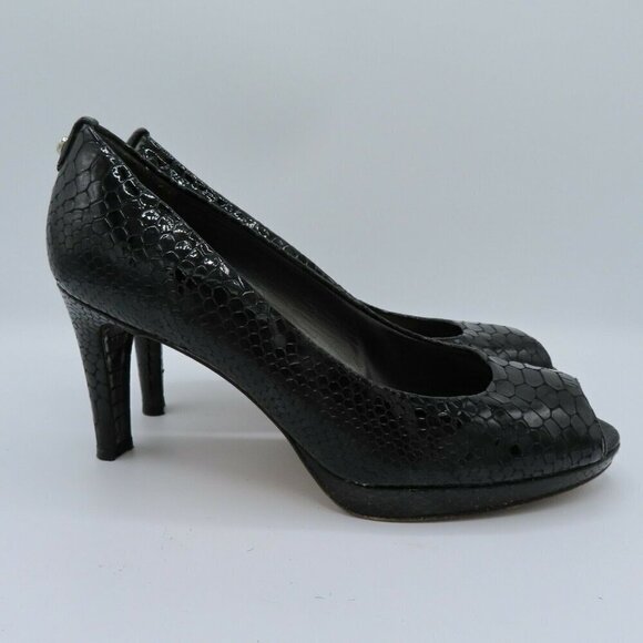 Stuart Weitzman Women 8 M Black Patent Snakeskin Leather 4079808 Peep Toe Heels - Picture 8 of 11